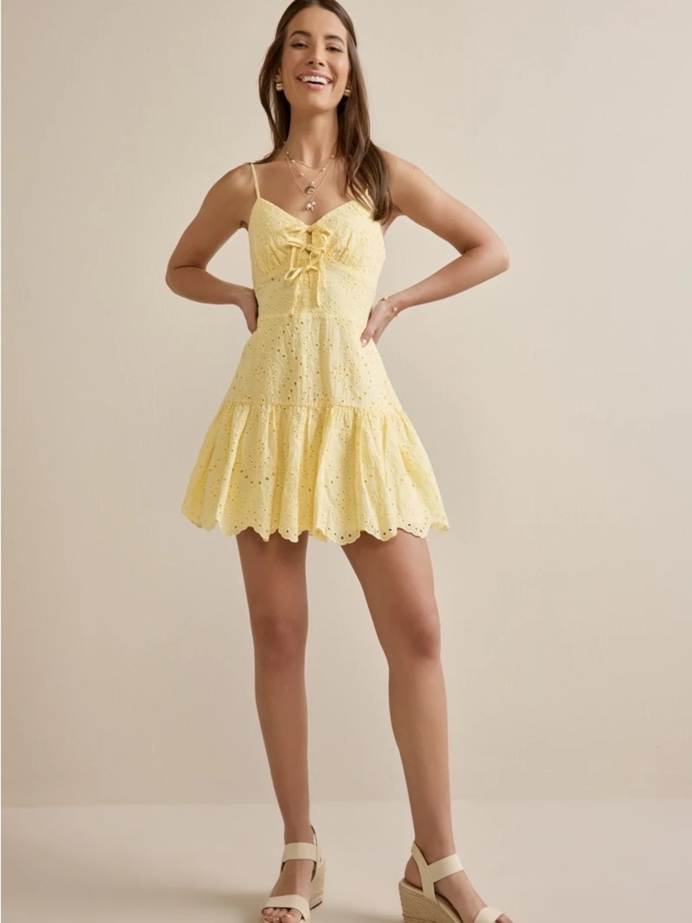 Francesca's Erin Tie Eyelet Mini Yellow Dress Women’s Size:(L)